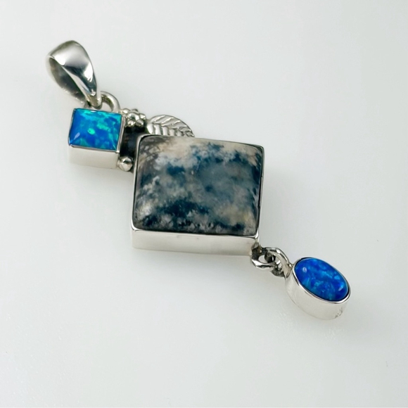Solid Sterling Silver 925 Fire Opal Pendant Lapis Lace Onyx aka Blue Scheelite - Picture 3 of 7